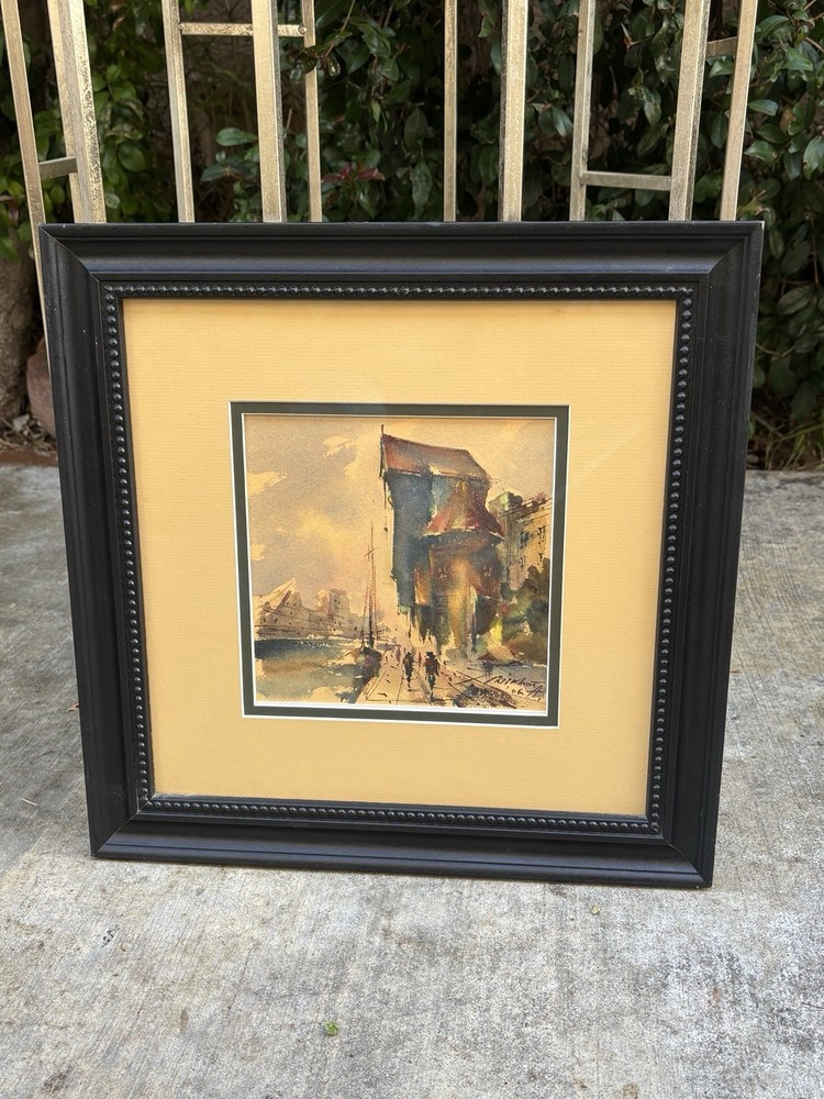 Gdańsk Crane Polish River SCENE Watercolor VNTG Professionally Framed Painting