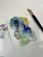 ACEO Original Watercolor Abstract 10x 7 Painting Art Card With Gold Signed