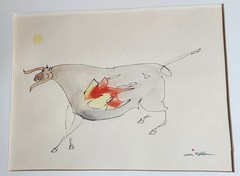 James Von Kohler Midcentury Ink & Watercolor Painting Famous bull NY Artist…