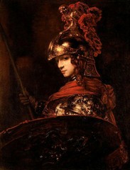 Oil painting male portrait Medieval knight holding Spears and shields