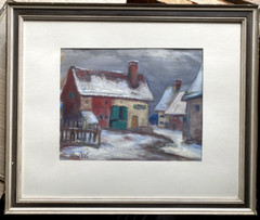 ::GOUACHE HOUSES FARM SNOW °EXPESSIONIST FRAME SIGNED MONOGRAM A.K