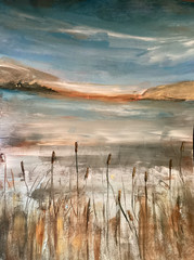 Mary Myers Original Expressionist lake Painting on watercolor paper 9×12
