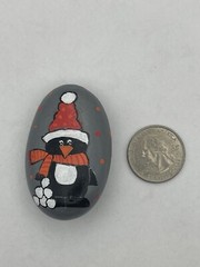 Penguin with Snowballs Wearing Winter Scarf and Hat, Painted Rock, Stone Artwork