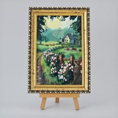 Original Oil Painting Country Cottage Landscape 4×6 Framed Farmhouse Art