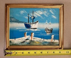 Original Oil Painting on Board Sailing Boats Ocean Small Framed 9.5″ x 7.5″