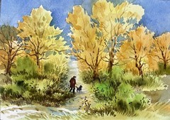 7X10” Original Watercolor Pamela Wilhelm Trees Autumn Trail Walk With Dog