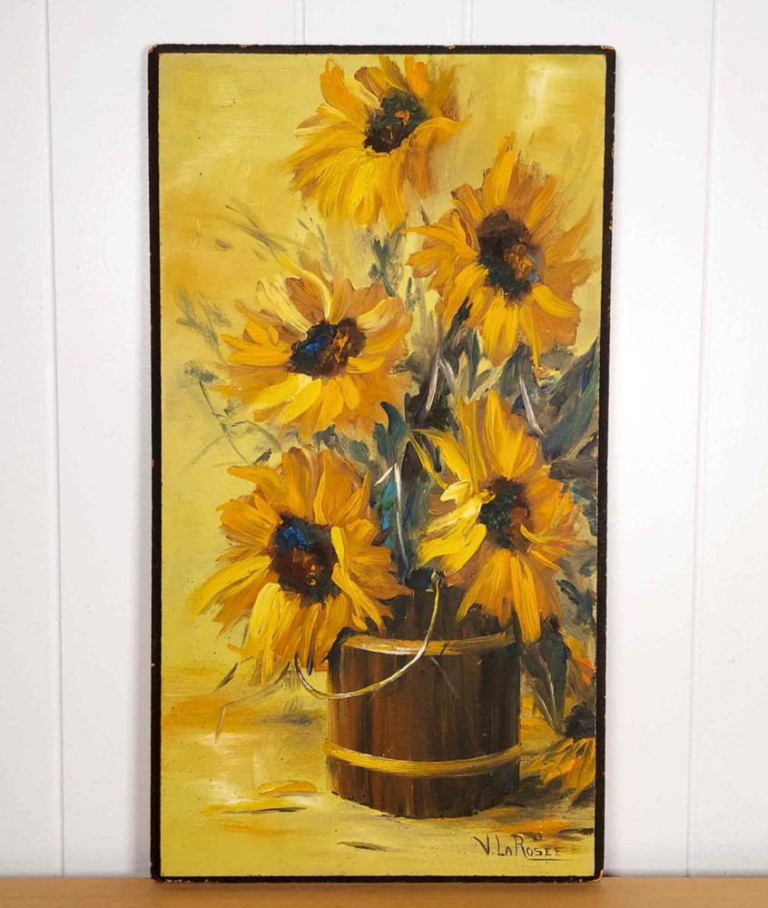 Vintage Still Life Painting of Sunflowers in Banded Pail Bucket on Board MCM