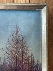 Antique Oil Painting Peasant Woman with Basket Pink Dress Foraging in the Woods