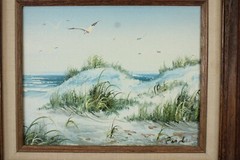 Vintage Original Oil Painting Beach Scene Sand Dunes Seagulls Ocean Signed