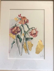 original watercolor flower with gold leaf painting signed
