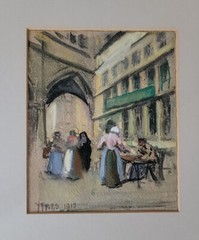 1910 Prewar Antique Gouache Painting Nieuwerk Annex Cloths Guild Ypres Belgium