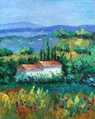 Vintage French Oil Painting Landscape Provence Farm Cypress Trees Poppies Birds