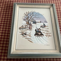 Framed Serigraph on Canvas Signed C. Carson Amish Winter Snow Sledding 16 x 12