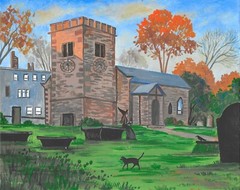ORIGINAL RYTA PAINTING HALLOWEEN Black Cat landscape Gothic Chapel Pagan Witch