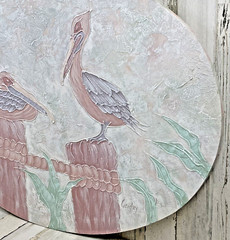 Pelicans on Piers Oval Canvas 44 x 32 Mauve Green Pink 1990’s Signed Gentry