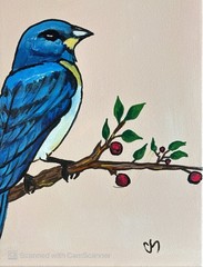 Blue Bird Berry on a Branch Original Acrylic Painting 11×14 Signed Canvas Art