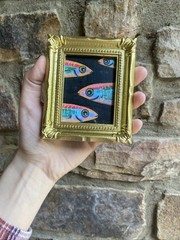 Whimsical Funny Sardines cute, Original Painting,framed,miniature,small,mini
