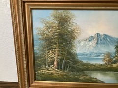 Oil On Canvas Mountain/Lake Landscape Painting With Gold Frame 12 X 16/ 18 X 22