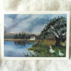 ACEO Original Painting Cottage Goose Lake Countryside Landscape Mini Painting