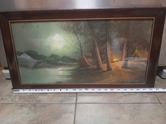 Antique A.H. Glatthaar (1879-1950) Pastel Nocturnal Landscape With A Campfire