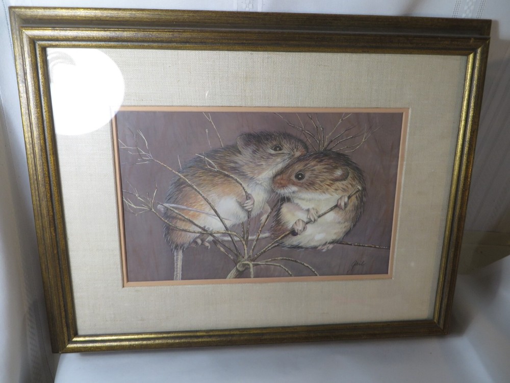 VINTAGE GAIL T. CARROL „HARVEST MICE“ CASEIN PAINTING FRAMED