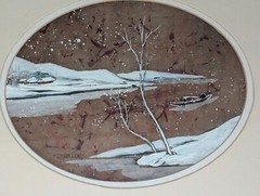 Vtg Japanese Painting Marked Z Sui 85 N.Y. w Signature Woman Child Girl in Boat