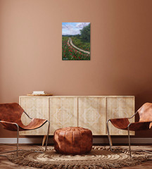 Original Country Path Oil Painting Poppy Meadow Flowers Rural Field Wall Art