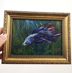 Framed Blue Guppy Original Oil Painting 4×6 Signed Aquarium Fish Art OOAK