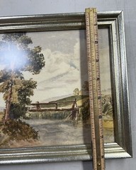 Antique Watercolor Painting Of Rustic Bridge Over Stream in Countryside Framed
