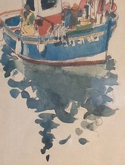 Vintage 1993 OOAK Watercolor Painting; Boat In The Harbor On Water;Matted,Framed