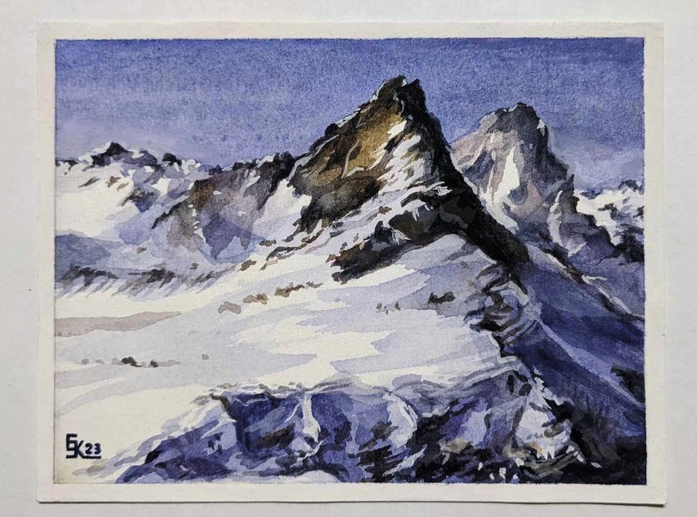 Snowy Mountain Watercolor Painting Winter Nature Landscape Art Snow on the Peak