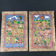 2 Original Amate Mexican Bark Paintings 39cmx59cm from Guerrero Mexico