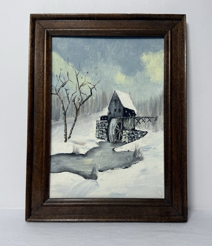 Vintage 1970s Signed Original Winter Landscape Oil Painting Framed Grist Mill