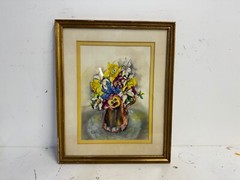 Vtg Mid Century M.L. Gibbons Still Life Watercolor Painting of Flowers in Vase