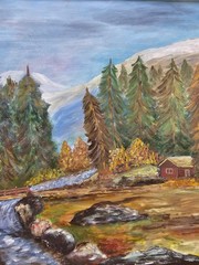 Stunning painting with Norwegian forest landscape, cottage decor, Farm house