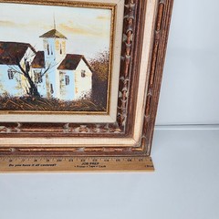 Vintage Oil Acrylic Painting Church Scene Hand Carved Frame MCM 16×18 Framed