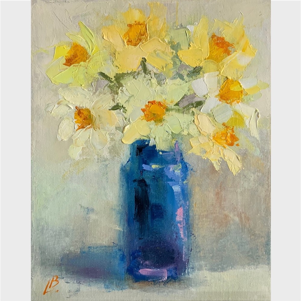 Daffodils Oil Painting Yellow Flowers in Blue Vase Canvas 8×10 inc Elena Boyko