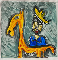 Jose Fuster Authentic Cuban Tile Painting Signed by Artist 8″ x 8″ Man and Horse