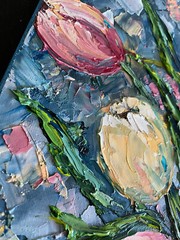 ORIGINAL OIL Painting TULIPS IN VASE impasto 14″x 11″ by Olga Diduh.