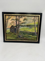 Original Primitive Oil Painting Canvas Board Cabin Woods Landscape Fall 18.5×15”