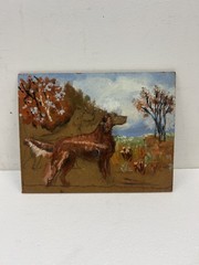 Vintage Original Oil Painting Irish Setter Dog Autumn Landscape Art Board fall