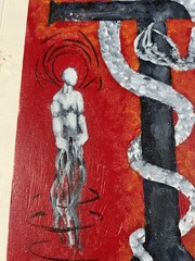 1990s Acrylic On Canvas Outsider Painting Snake Around Cross With Figures 16×12”