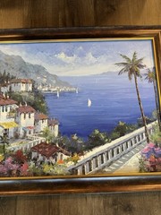 Original Signed Oil Painting Mediterranean Coastal Village Seascape Framed – VG+