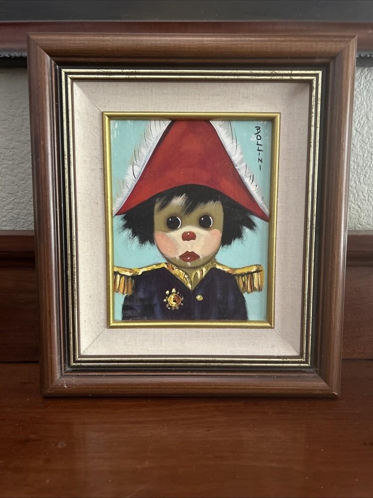 Vintage Bollini Big-Eyed „Little General“ Child Oil Painting Framed-Signed COA
