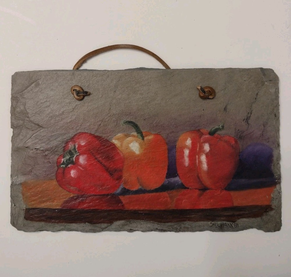 Antique Roof Slate Original Painting Peppers Still Life Artisan Wall Art 9×5.5″