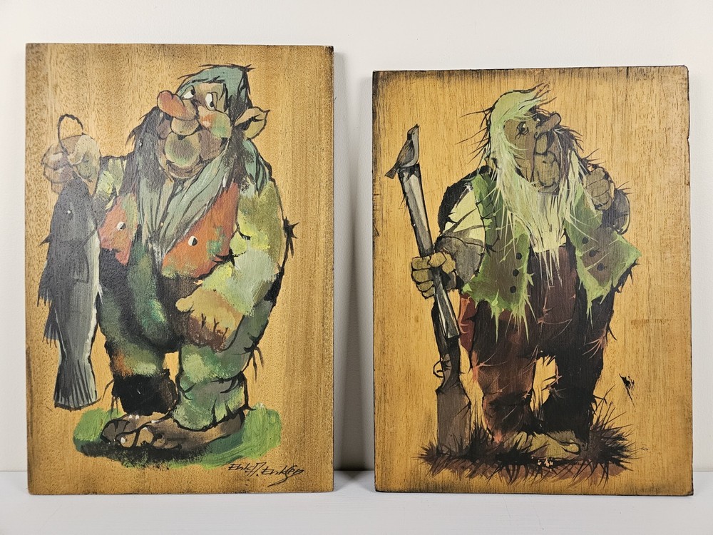 2x Vintage Original Signed Erik A Eriksen Paintings 14×9.5 Norwegian Folk Art