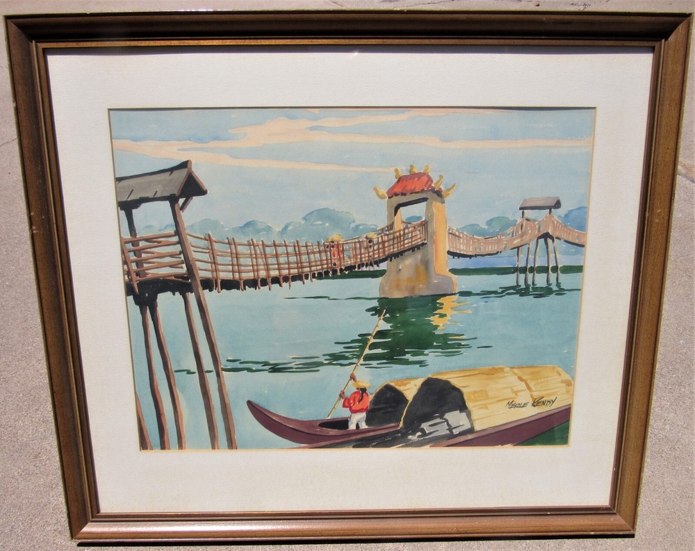 FINE VINTAGE 1930S ART DECO SIGNED ASIAN WATERCOLOR PAINTING LARGE FRAMED