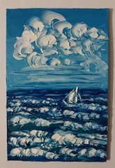 Framed Mini Seascape White Sailboat Minimalist Sea Art 4×6 Oil Painting Original