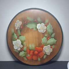 Hand painted Holiday wreath on wood poinsettias holly berries