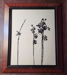 2 Framed Modern Botanical Ink Paintings Signed Boho Minimalist Black Wall Art